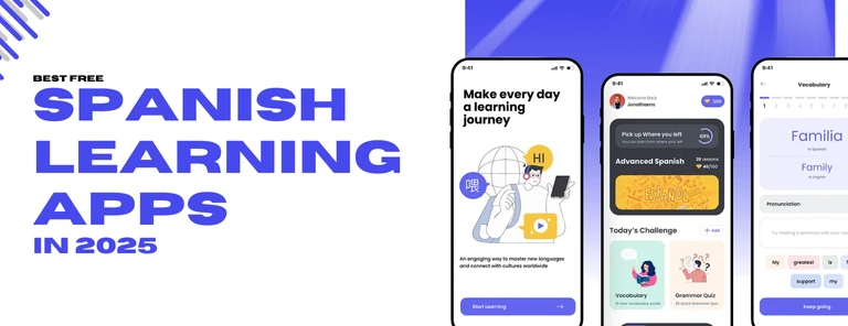 A selection of the best free Spanish learning apps in 2025 displayed on a smartphone screen.