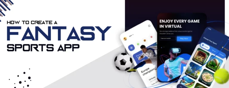 Complete guide showcasing steps to create a fantasy sports app, featuring app interface elements, sports icons, and development tools
