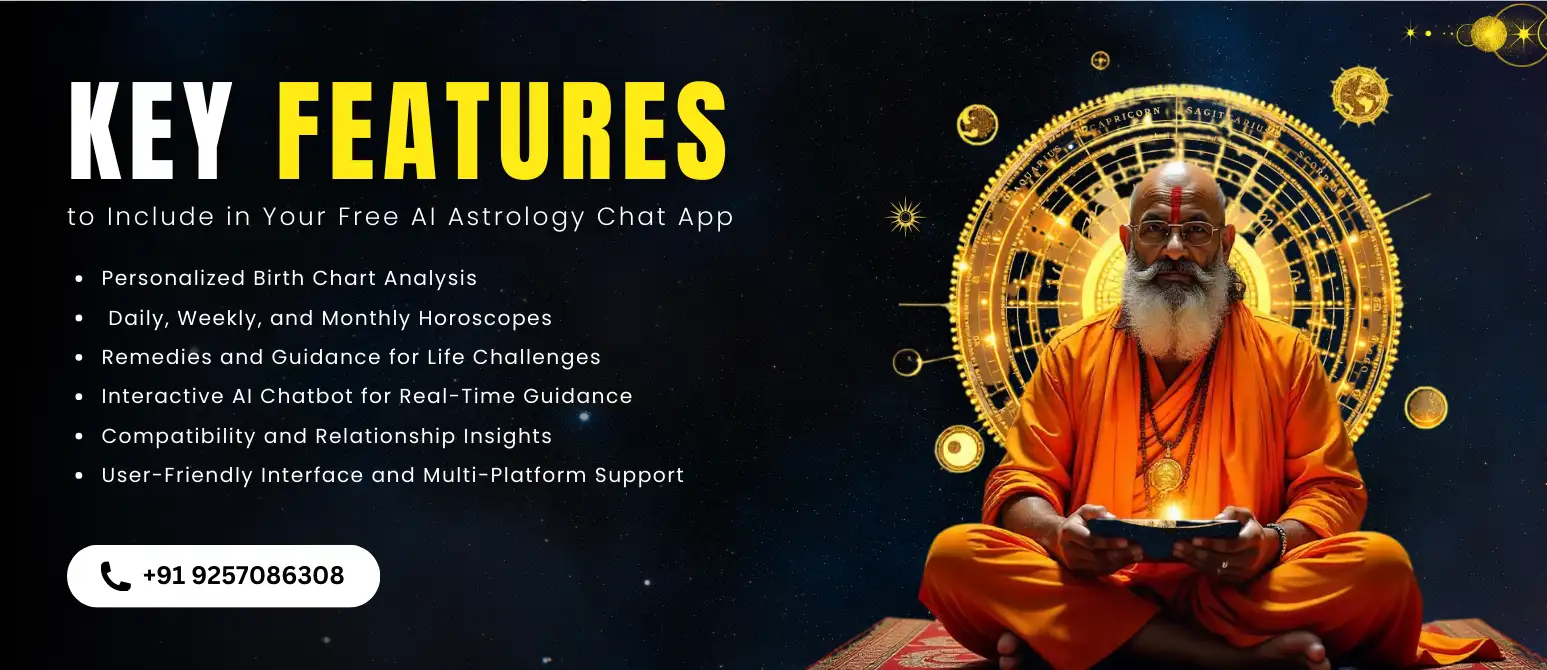 Key features highlighted for a free AI-powered astrology chat app