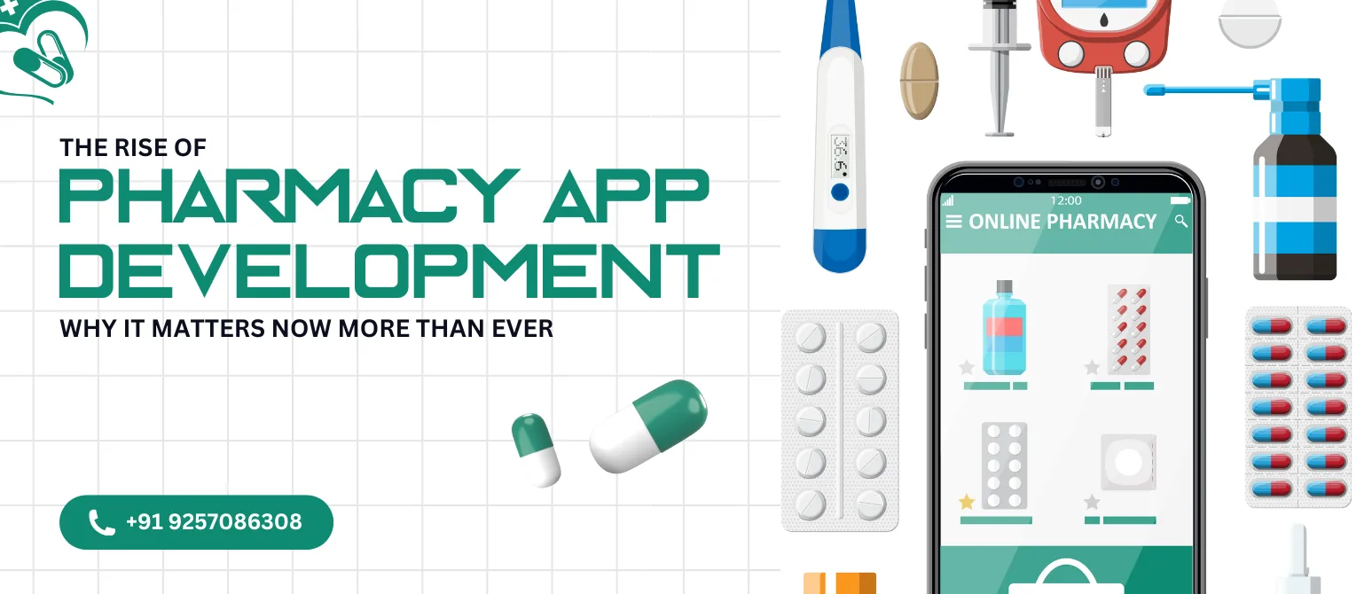 llustration showing a smartphone with a pharmacy app interface, symbolizing the growth and importance of digital healthcare solutions