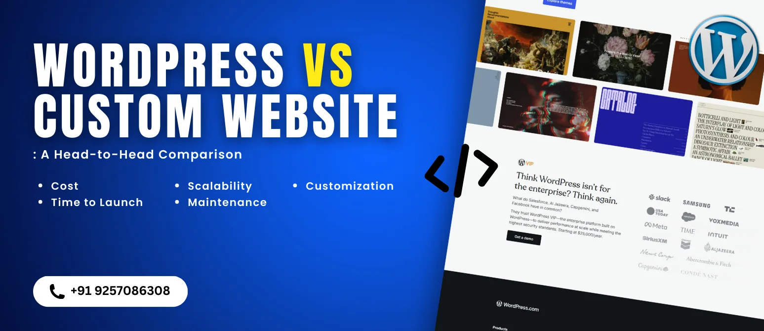 Side-by-side comparison of WordPress and custom website development features