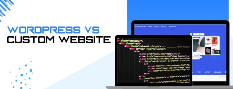 Comparison illustration of WordPress and custom websites highlighting features, pros, and cons