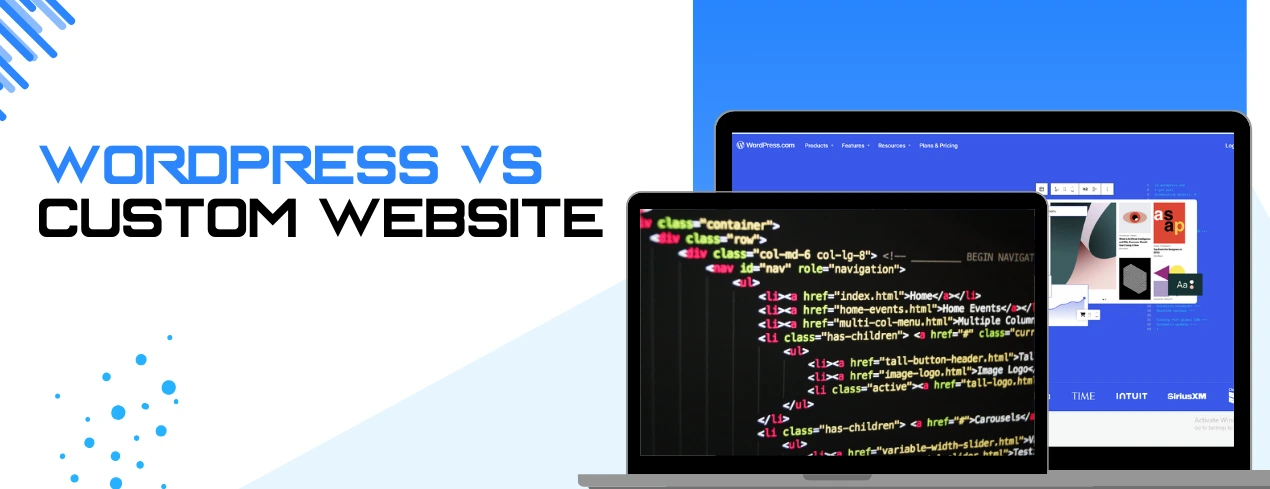 Comparison illustration of WordPress and custom websites highlighting features, pros, and cons